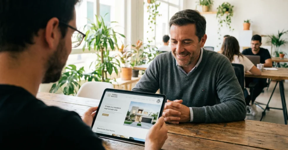 Diseñador web presentando el diseño de una página en WordPress a un cliente satisfecho en una tablet.
