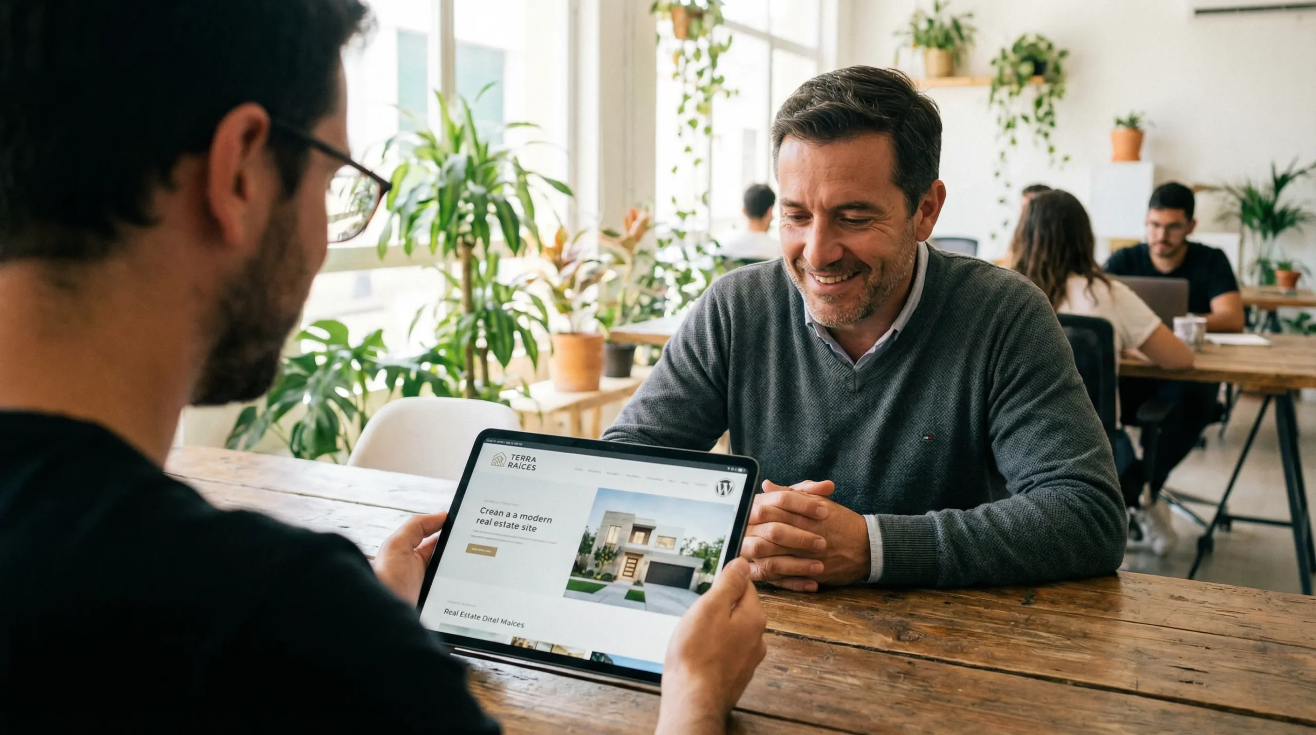 Diseñador web presentando el diseño de una página en WordPress a un cliente satisfecho en una tablet.