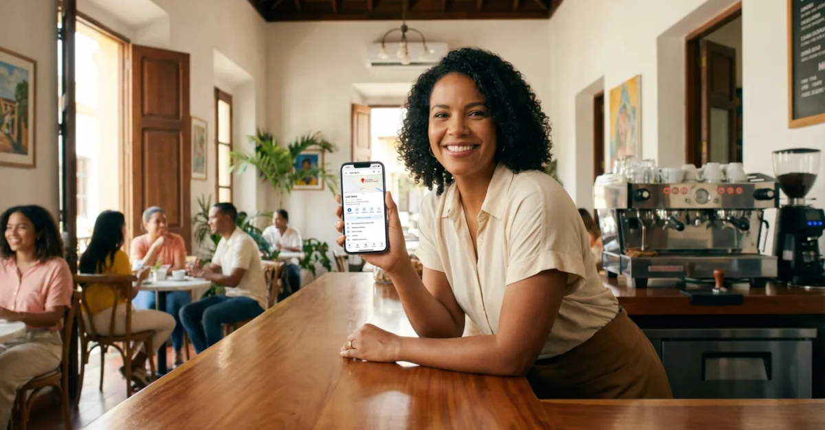 Dueña de cafetería en Santo Domingo sonriendo y mostrando su perfil de Google Business con 5 estrellas en su smartphone.