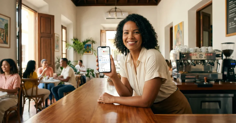 Dueña de cafetería en Santo Domingo sonriendo y mostrando su perfil de Google Business con 5 estrellas en su smartphone.