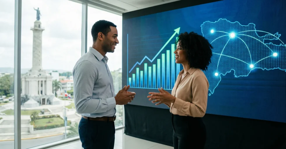 Consultores de negocios planificando una estrategia de SEO Web nacional frente a un mapa de República Dominicana.